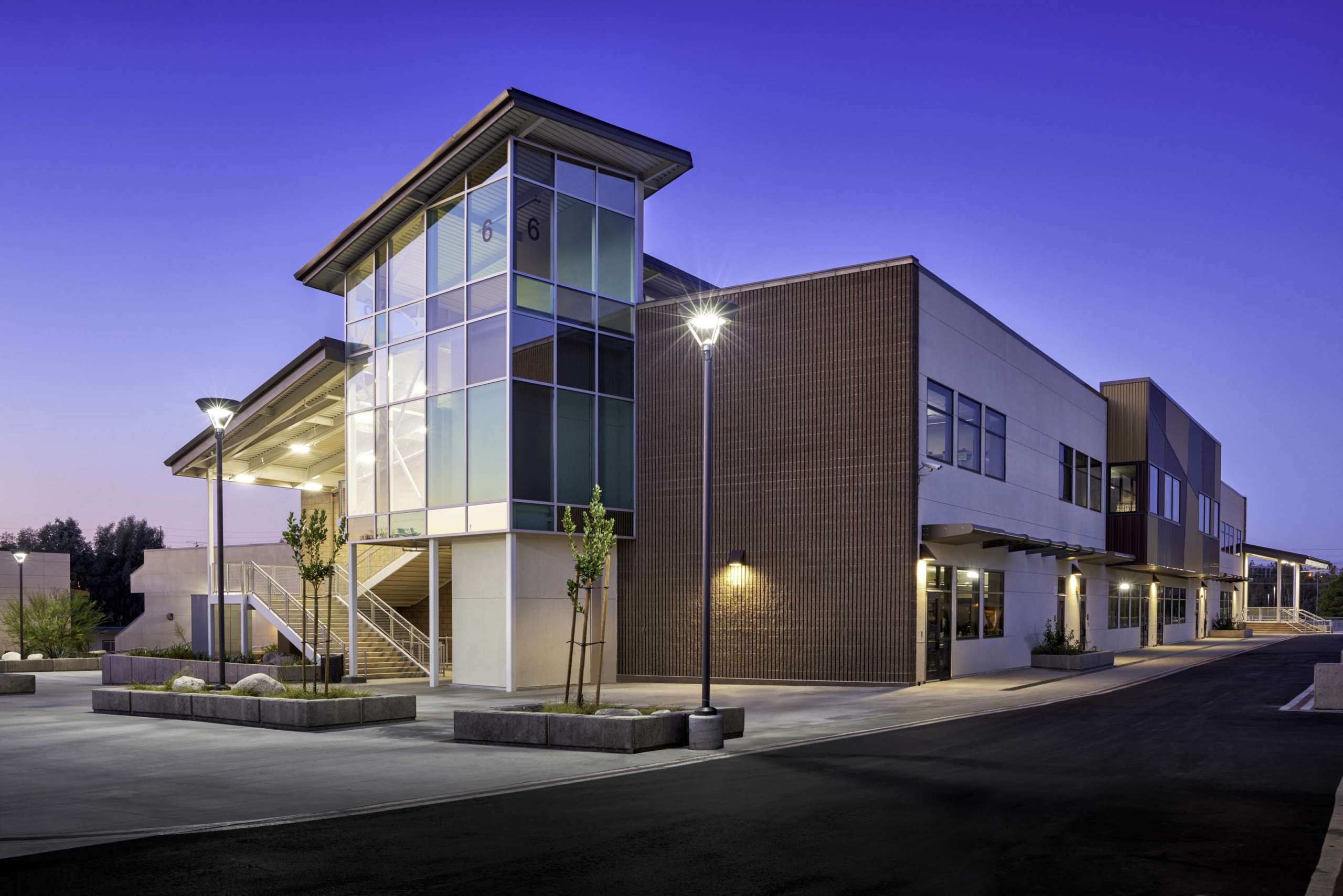 Nighttime outdoor view of illuminated Temecula Valley High School
