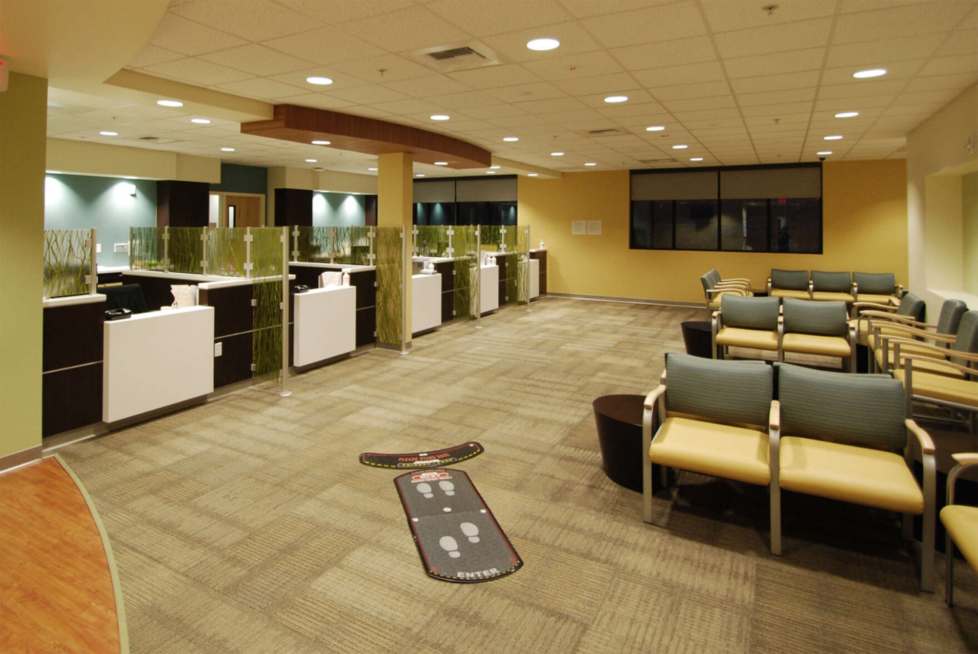 Check-in/admin desks by with waiting couches at the Hillcrest Mental Health Facility