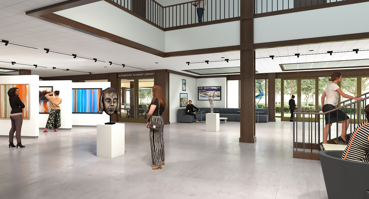 Digital rendering of first floor space with art on display at the Center for the Dominican Experience & Archbishop Alemany Library