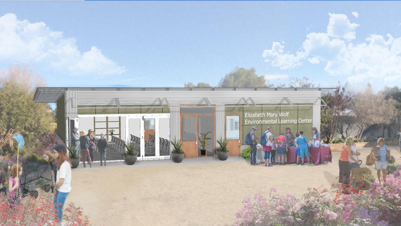 Digital rendering of daytime outdoor view of the Elizabeth Mary Wolf Environmental Learning Center