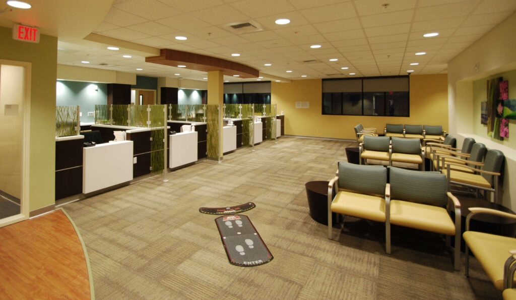 Check-in/admin desks by with waiting couches at the Hillcrest Mental Health Facility