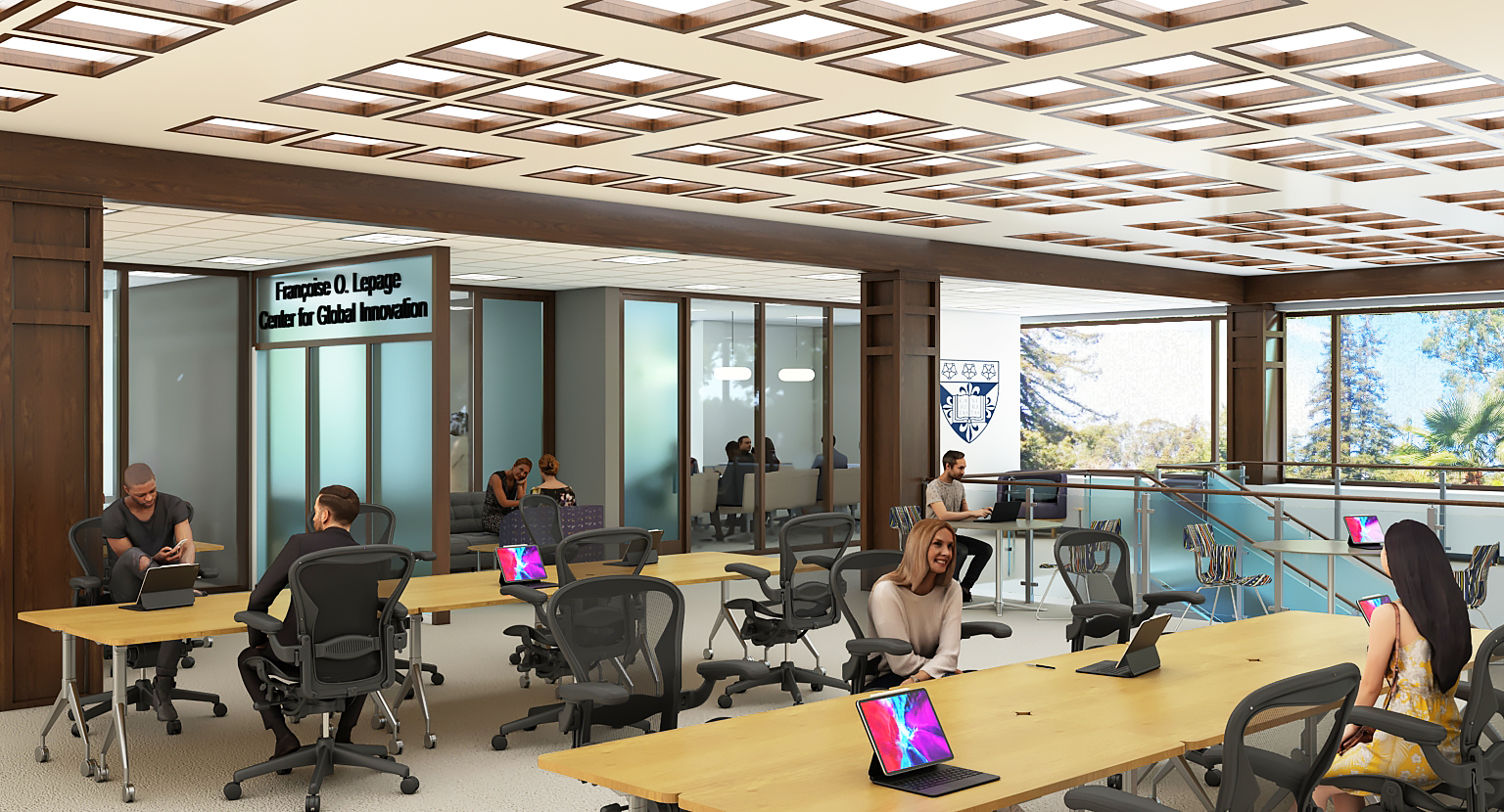 Digital rendering of studying and working space at the Center for the Dominican Experience & Archbishop Alemany Library