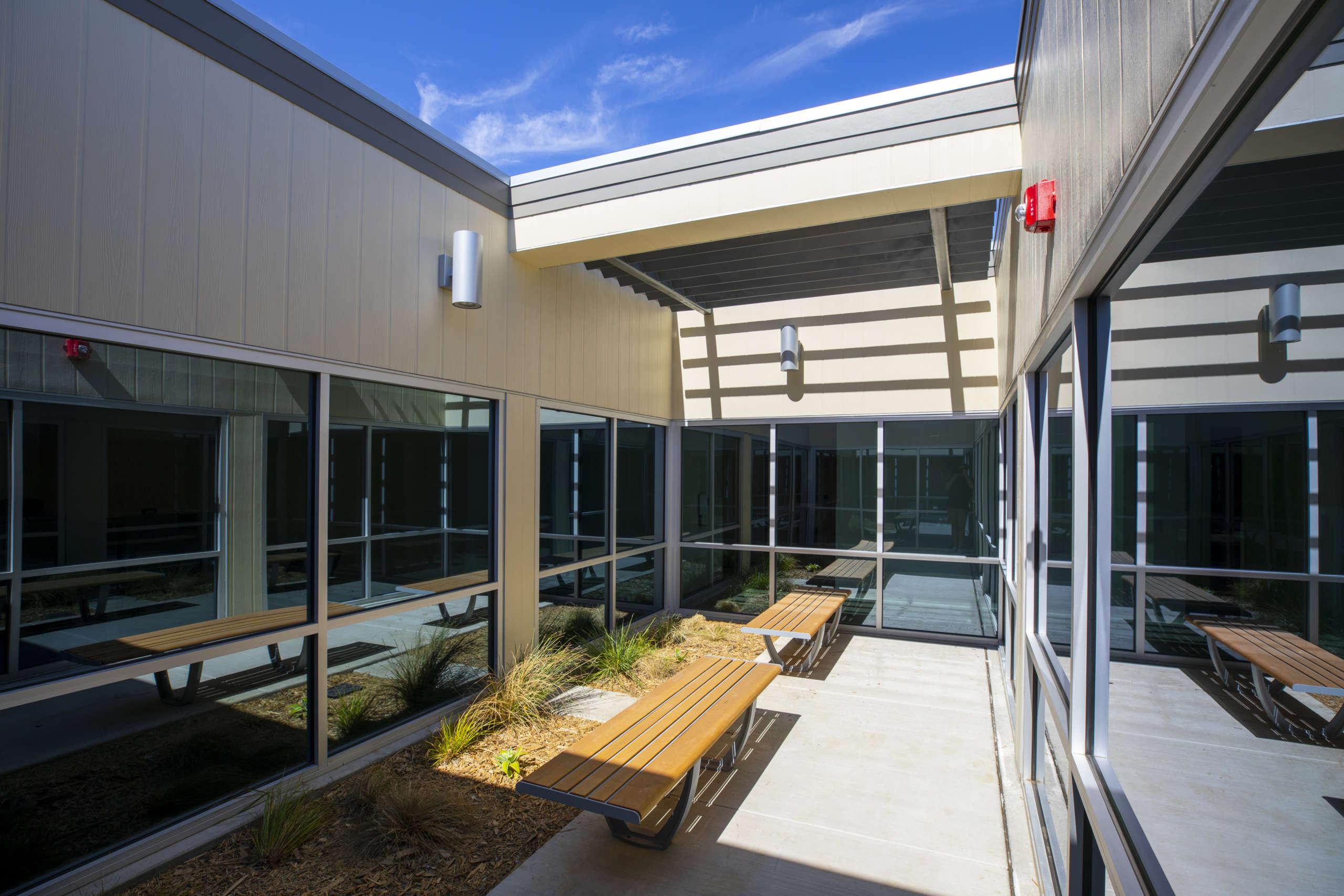 Outdoor area with benches at the Behavioral Health Center of San Benito County